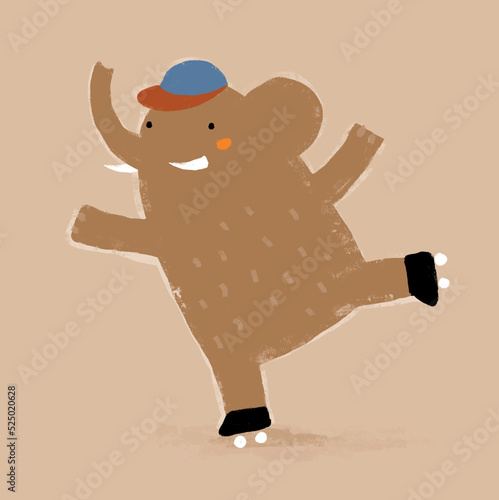 Funny Hand Drawn Nursery Vector Art with Happy Skating Elephant. Big Brown Elephant in a Baseball Cap Riding on Roller Skates. Funny Crayon Drawing Style Print ideal for Card, Wall Art, Poster. 