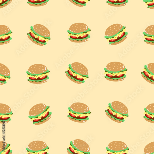 Seamless pattern with burger. Hand drawn of fast food illustration. Background for restaurant, menu, street food, cafe