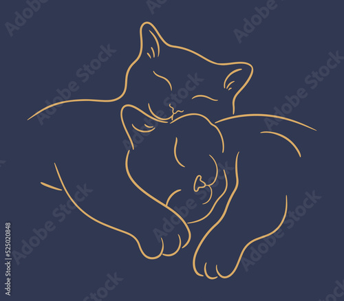 Line art vector sketch illustration of sleeping cuddle cats. Pets friendly concept