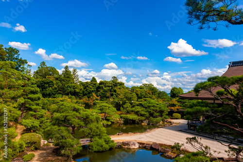 真夏の京都・仁和寺で高台から見た、御所庭園・北庭の風景と快晴の青空