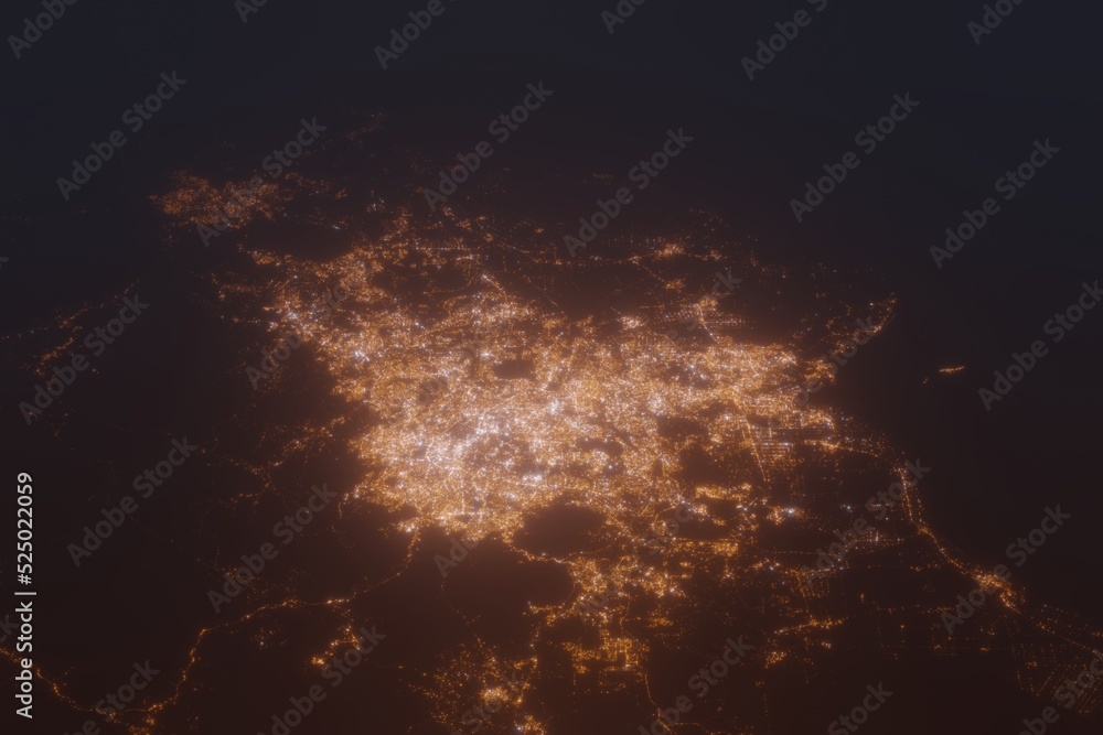 Aerial shot of Kuala Lumpur (Malaysia) at night, view from north. Imitation of satellite view on modern city with street lights and glow effect. 3d render Aerial shot of Kuala Lumpur (Malaysia) at night, view from north. Imitation of satellite view on modern city with street lights and glow effect. 3d render
