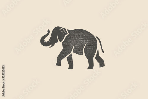Elephant silhouette drawn with stamp effect. Indian animal. Vintage emblem. Design element for shop, market, packaging, labels and logo. Vector illustration.