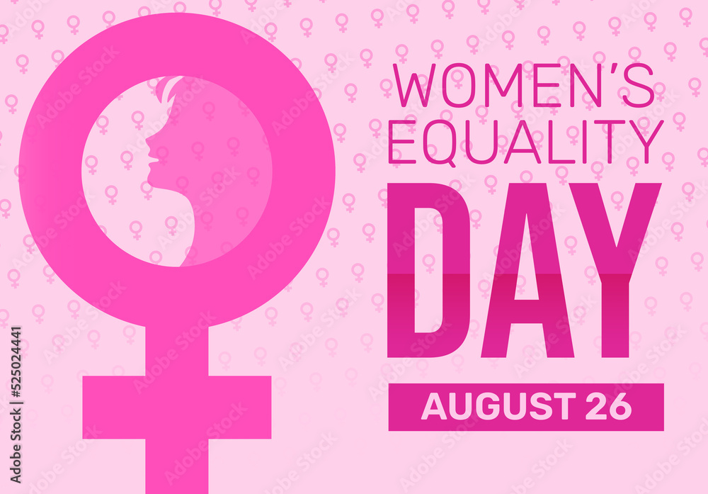 Equality Day of Women in Pink Color with Sign and Portrait. National women's equality day wallpaper background