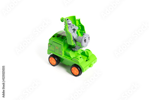 Colorful plastic train, isolated on white background.