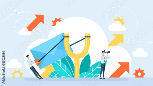 Email marketing concept. Businessman sending email. Sending the envelope. Fast delivery. A man in a business suit sends a letter using a slingshot. Cartoon flat style. Vector business illustration 