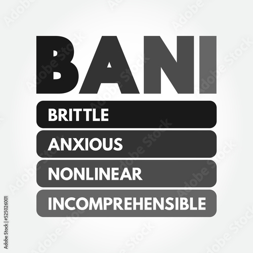 BANI - Brittle Anxious Nonlinear Incomprehensible acronym, encompasses instability and chaotic, surprising, and disorienting situations, concept for presentations and reports