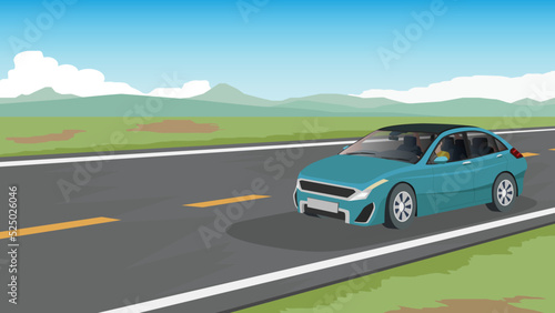 Luxury car travel trip to nature. Driver came alone on the asphalt road. Road cuts across the vast plains with a complex mountainous background. Under blue sky and white clouds.