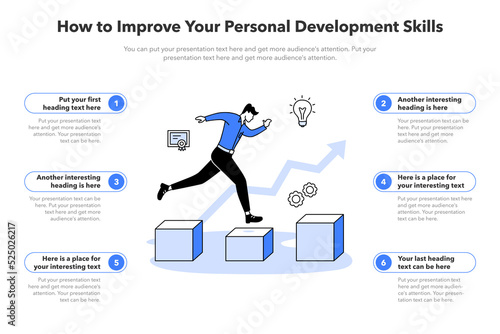 Simple infographic template for how to improve your personal development skills. Template with a person developing his capabilities and potential as a main symbol.