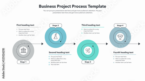 Business project progress template with four stages. Easy to use for your website or presentation.