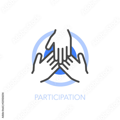 Simple visualised participation icon symbol with three connected hands. photo