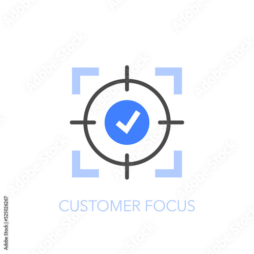 Simple visualised customer focus icon symbol with a target and tick.