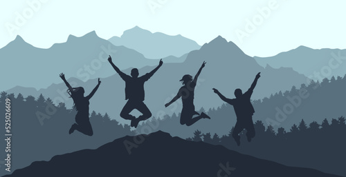 Jumping people on background of forest and mountains, silhouette. Beautiful nature. Vector illustration