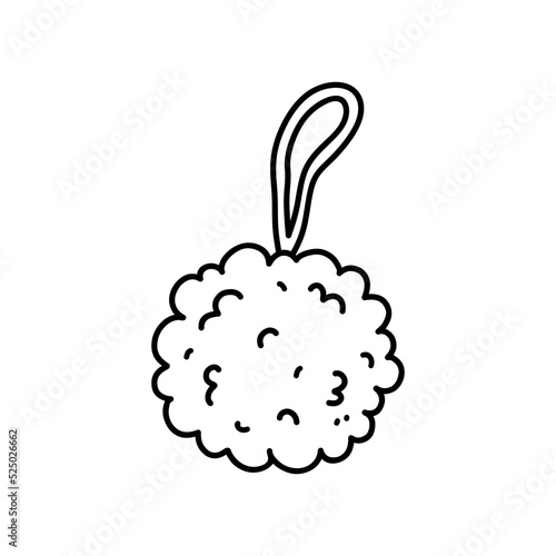 Shower puff or soft mesh bath sponge isolated on white background. Accessory for washing, personal hygiene, body care. Vector hand-drawn illustration in doodle style.  Perfect for logo, various design