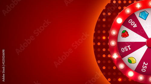 Wheel of luck or fortune. Gamble chance leisure. Colorful gambling wheel. Online casino. Web landing page template or banner for internet casino. Big win concept.
