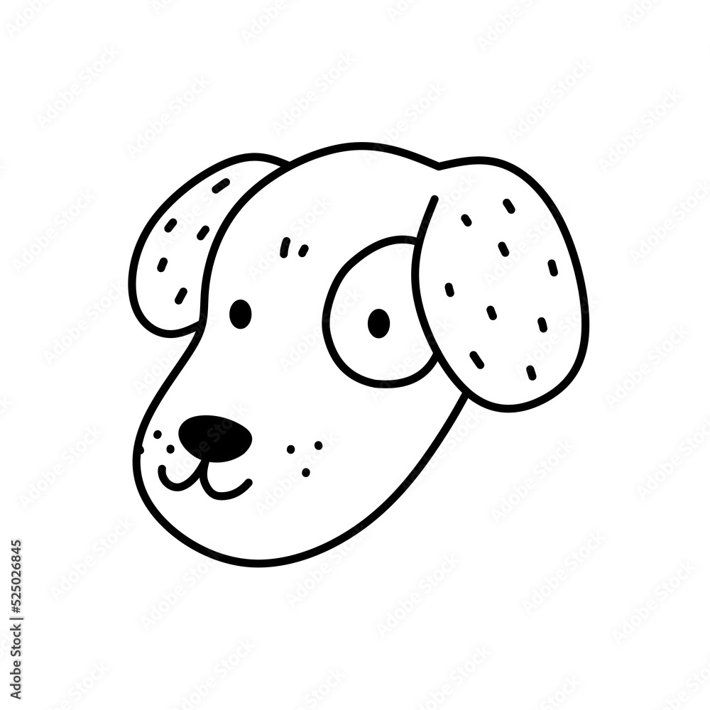 Obraz premium Cute dog face isolated on white background. Happy puppy. Vector hand-drawn illustration in doodle style. Perfect for decorations, cards, logo, various designs. Simple cartoon character.
