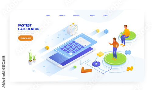 Fastest calculator, landing page design, website banner vector template. People using math calculator mobile apps.