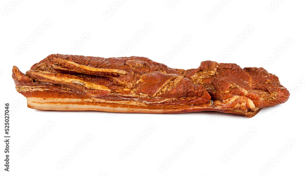 A smoked piece of bacon isolated on a white background A smoked piece of bacon isolated on a white background