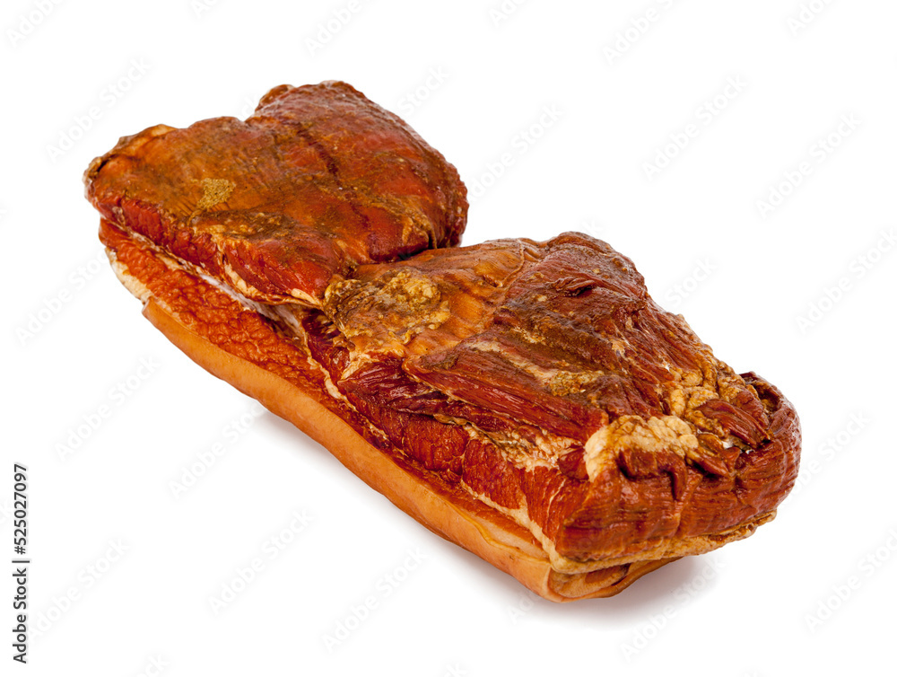 A smoked piece of bacon isolated on a white background