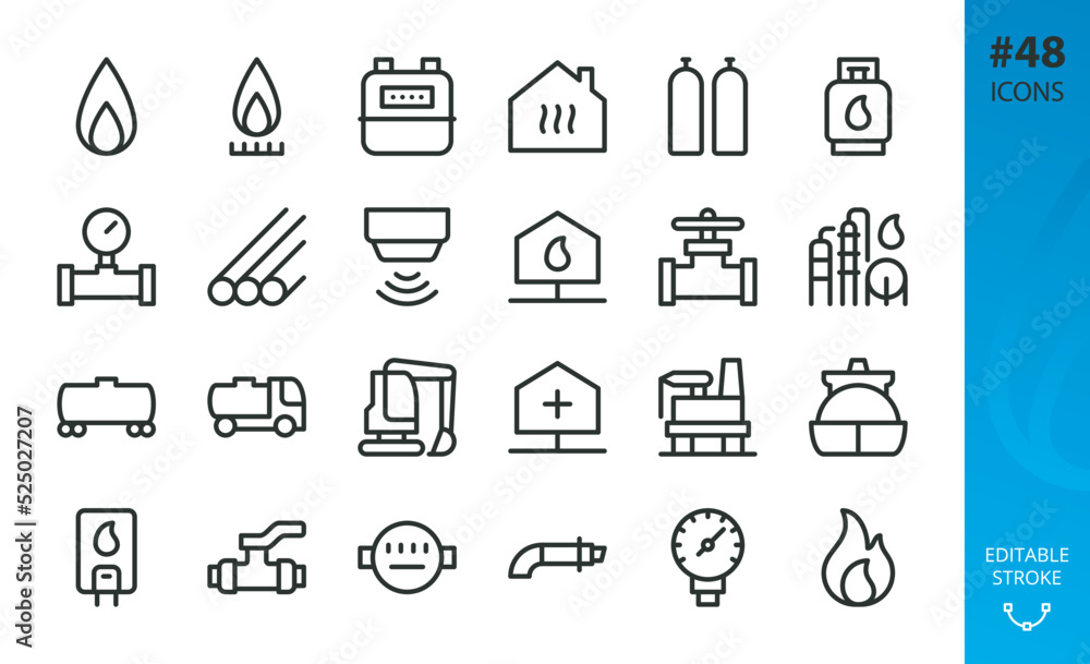 Natural gas isolated icons set. Set of gas production plant, flame, LPG cylinder, home gasification, pipeline, gas alarm detector, valve, heater, house heating, wagon, carrier, counter vector icon. - obrazy, fototapety, plakaty 