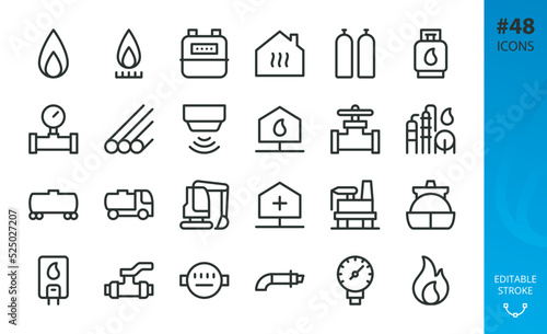 Natural gas isolated icons set. Set of gas production plant, flame, LPG cylinder, home gasification, pipeline, gas alarm detector, valve, heater, house heating, wagon, carrier, counter vector icon. photo