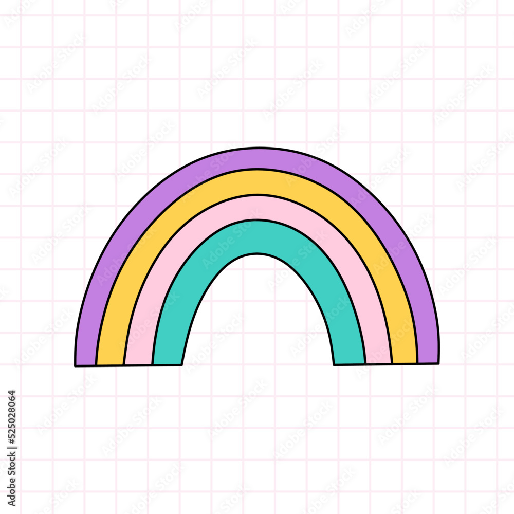 Fototapeta premium Cute bright rainbow in the style of the 90s. Vector hand-drawn doodle illustration isolated on white background. Nostalgia for the 1990s. Perfect for cards, decorations, logo