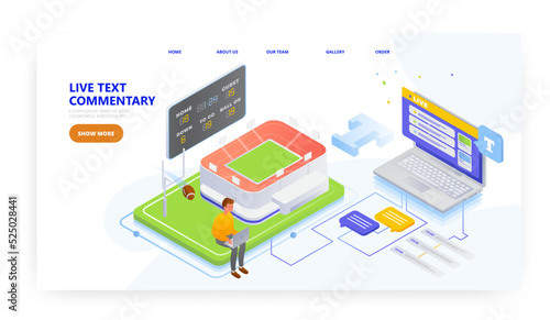 American football team, player, scores live text commentaries, landing page design, website banner vector template.