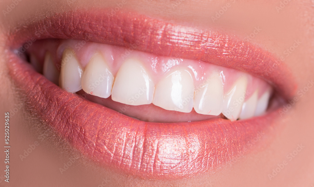 Obraz premium close up of lips with red lips. Smile. Smiling. Woman. Female. Dental. 
