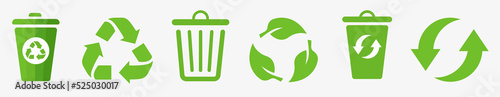 Recycle vector icon set. Green recycling and rotation arrow icon pack. Arrows, heart and leaf recycle eco green symbol. Recycle logo symbol. Eco vector illustration.