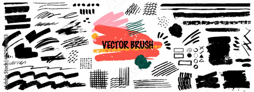 Vector paintbrush set. Ink brush strokes. Ink splatters,grungy painted lines,artistic design elements. line,waves,circles,triangles,square,round. Freehand drawings.