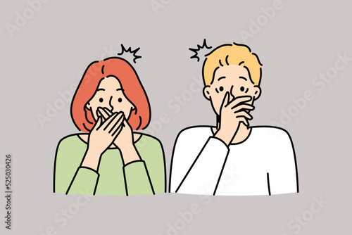 Shocked couple cover mouth stunned by unbelievable news. Amazed man and woman surprised by unexpected message. Vector illustration. 
