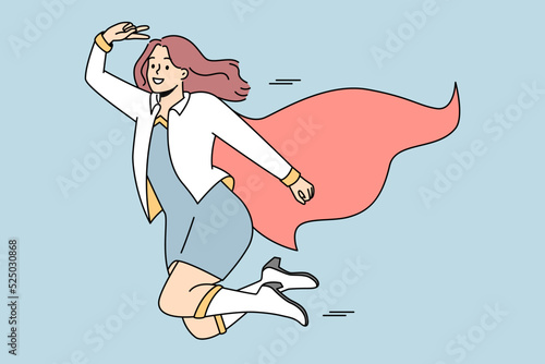 Smiling businesswoman in superhero costume flying in sky. Happy woman dressed as super hero feel motivated and successful with business achievement. Vector illustration. 