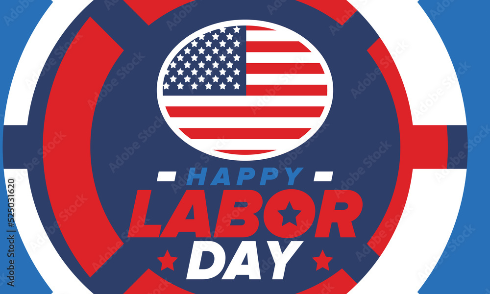 Obraz premium Happy Labor Day. Public federal holiday, celebrate annual in United States. American labor movement. Patriotic american elements. Poster, card, banner and background. Vector illustration