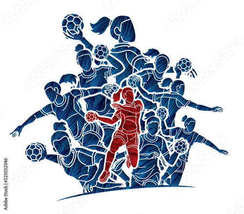 Group of Handball Players Female Mix Action Cartoon Sport Graphic Vector