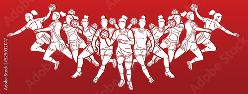 Group of Handball Players Female Mix Action Cartoon Sport Graphic Vector