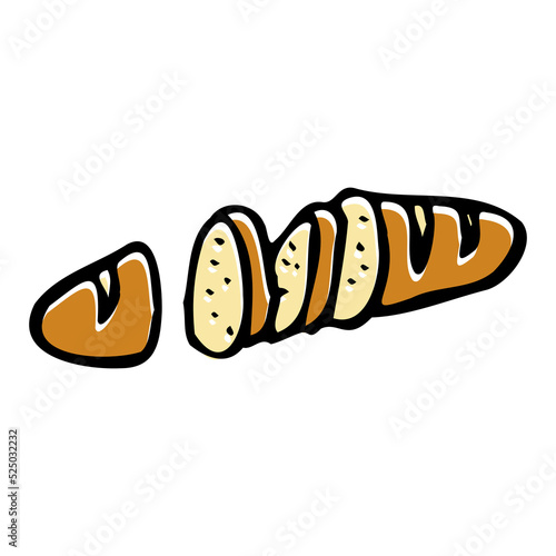 Hand drawn doodles of cartoon bagel, sliced bread or french baguette