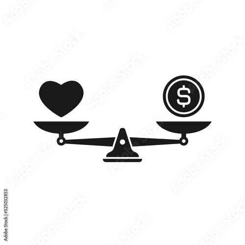 Black mechanical scales with dollar coin and heart in pans. Love, like, sympathy value, solution and expenses balance. Justice, law scale. Vector illustration on blue background.