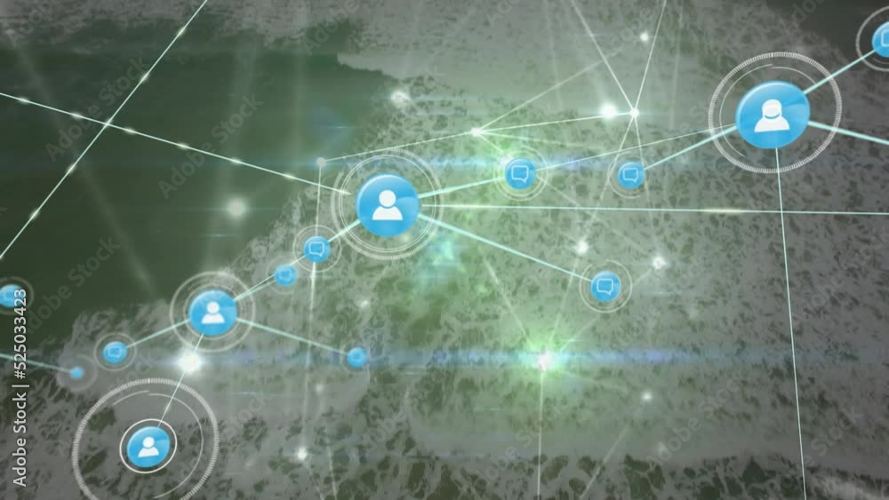 Animation of network of connections with people icons over coast Animation of network of connections with people icons over coast