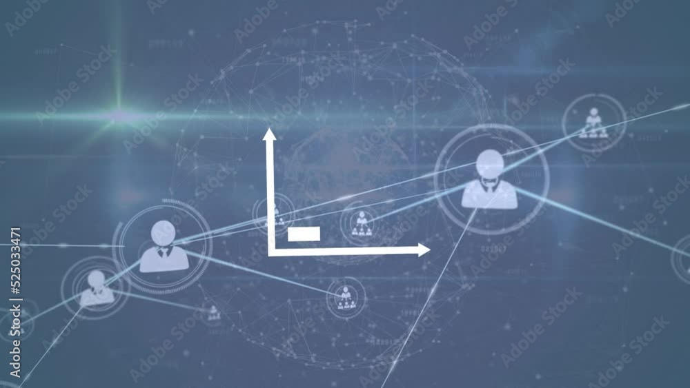 Animation of network of connections with icons and triangles over dark blue background Animation of network of connections with icons and triangles over dark blue background