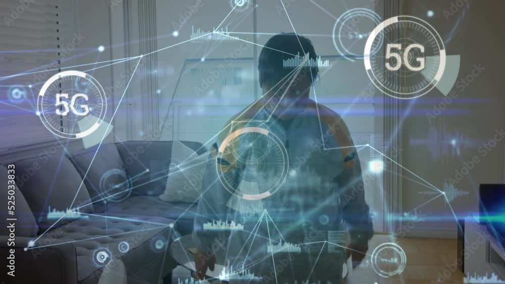 Animation of network of connections with data processing over biracial woman exercising at home Animation of network of connections with data processing over biracial woman exercising at home