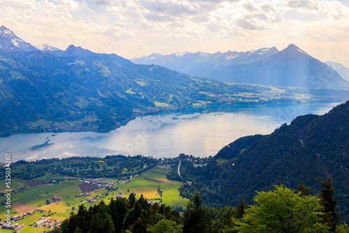 Breathtaking aerial view of Lake Thun and Swiss Alps from Harder Kulm viewpoint  Switzerland