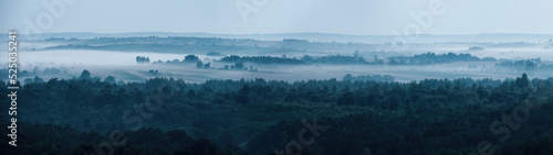 Country landscape morning mist in summer over fields and forests in hilly area from high angle view panoramic view © SerPhoto