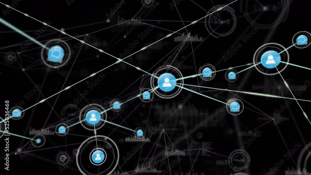 Animation of network of connections with icons over data processing Animation of network of connections with icons over data processing