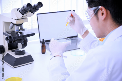 Asian male scientist experiment and adjust specimens in a Petri dish in the laboratory.