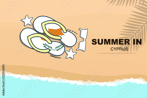 Cyprus summer holiday vector banner, beach vacation, flip flops sunglasses starfish on sand, copy space area