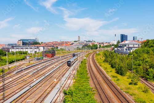 Train Tracks and Yard near the Central Station of Aarhus, Denmark on summer day. Aarhus is the second-largest city of Denmark.