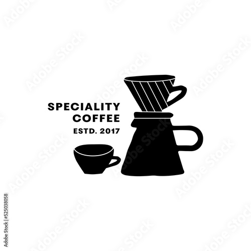 Vector logo for coffee shop with coffee dripper and cup. Emblem for coffee house or coffee shop,