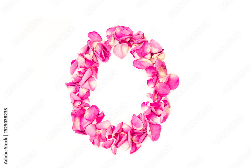 number 0 made from pink petals rose. Pink roses. Element for decoration.