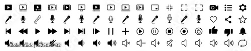 Media player icons set. Volume Collection of multimedia symbols and audio, music speaker volume, interface, design media player buttons. Play, pause, stop. Vector illustration