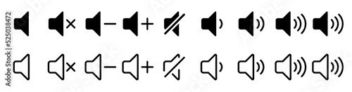 Volume icons set. Sound volume icons. Black volume audio icons. Speaker volume symbol. Vector illustration