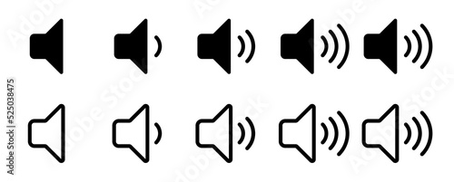 Volume icons set. Sound volume icons. Black volume audio icons. Speaker volume symbol. Vector illustration